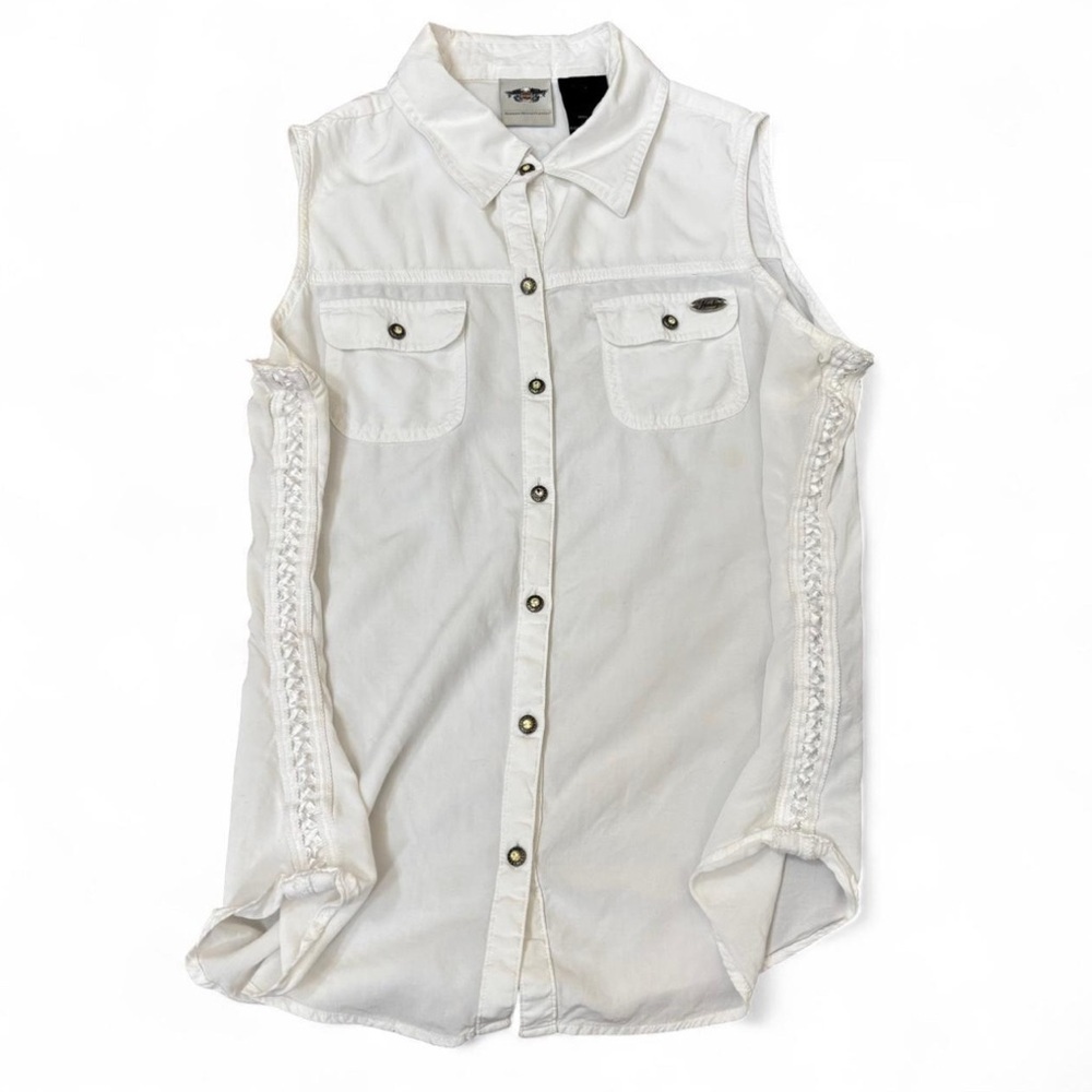 Harley Davidson Women's Medium Sleeveless Button Up Shirt Lace Up Sides White - Picture 4 of 6